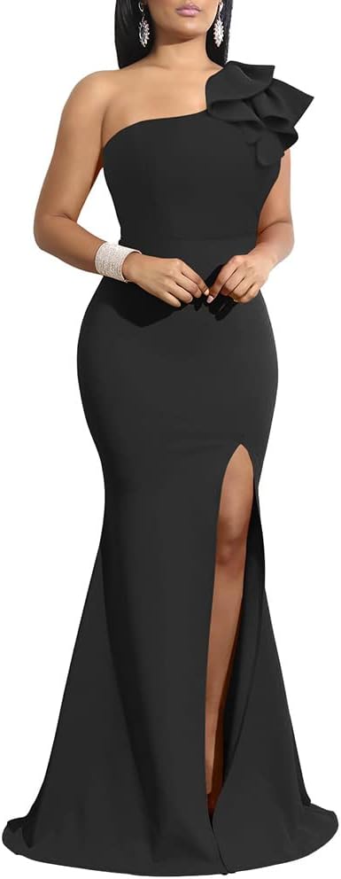 YMDUCH Women's Sleeveless One Shoulder Slit Long Formal Dress | Bodycon,Ruffle,Back zipper,Elegant,Evening,Cocktail,Maxi,Wedding Guest,Bridesmaid ,Party,Stretchy,Fitted,Slim,Solid