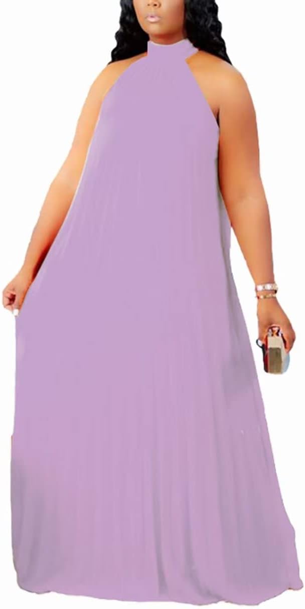 Aro Lora Womens Plus Size Chiffon Loose Long Maxi Dresses | Sleeveless, Halter Neck, Pleated, Summer Casual Formal Dress, Wedding Guest, Beach, Vacation, Prom, Party, Club, Evening