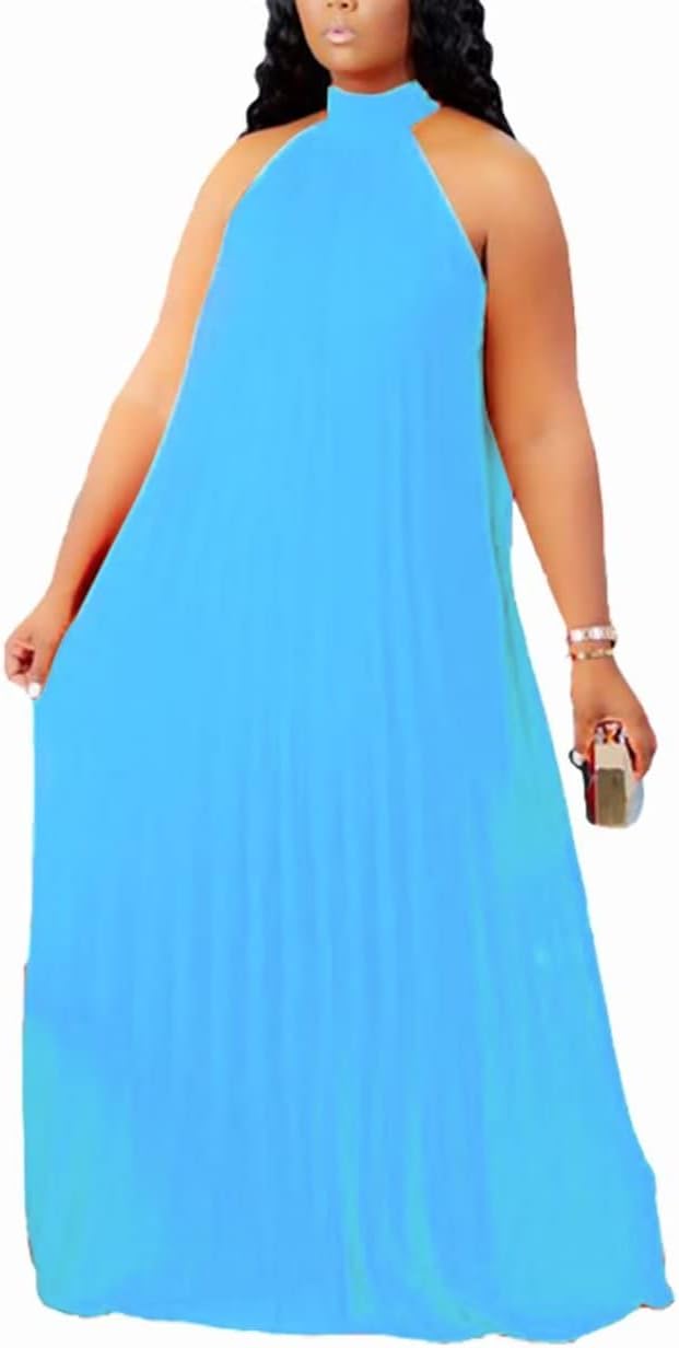 Aro Lora Womens Plus Size Chiffon Loose Long Maxi Dresses | Sleeveless, Halter Neck, Pleated, Summer Casual Formal Dress, Wedding Guest, Beach, Vacation, Prom, Party, Club, Evening