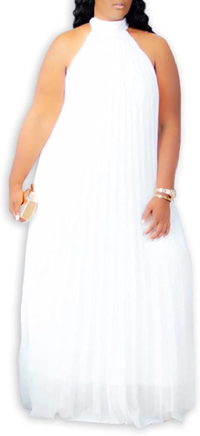 Aro Lora Womens Plus Size Chiffon Loose Long Maxi Dresses | Sleeveless, Halter Neck, Pleated, Summer Casual Formal Dress, Wedding Guest, Beach, Vacation, Prom, Party, Club, Evening
