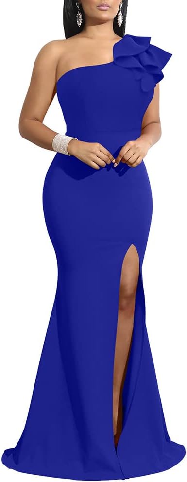YMDUCH Women's Sleeveless One Shoulder Slit Long Formal Dress | Bodycon,Ruffle,Back zipper,Elegant,Evening,Cocktail,Maxi,Wedding Guest,Bridesmaid ,Party,Stretchy,Fitted,Slim,Solid
