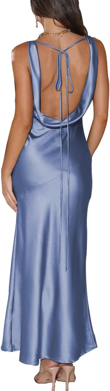 VUBIYA Women's Summer Satin V Neck Backless Maxi Dress Wedding Guest | Open Back Tie-Back, Silk Sleeveless, Formal Bridesmaid, Elegant Cocktail, Vacation Beach, Date Night and Party
