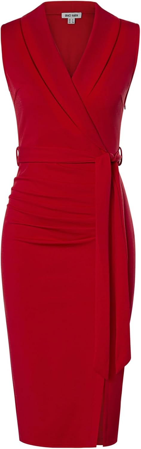 GRACE KARIN Women's Wear to Work Bodycon Sleeveless Dresses | Midi, Slim Fit, Ruched, Belted, High Waist, Stretchy, Slit, V Neck, Wrap, Pencil, Elegant, Office, Formal, Sheath, Cocktail