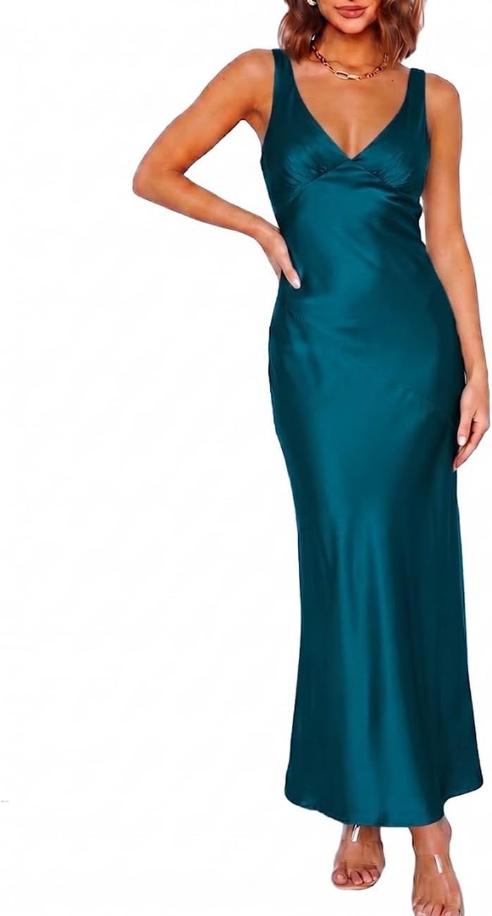 VUBIYA Women's Summer Satin V Neck Backless Maxi Dress Wedding Guest | Open Back Tie-Back, Silk Sleeveless, Formal Bridesmaid, Elegant Cocktail, Vacation Beach, Date Night and Party