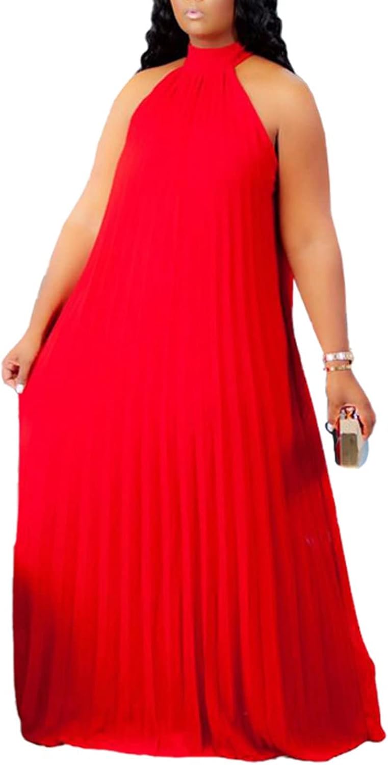 Aro Lora Womens Plus Size Chiffon Loose Long Maxi Dresses | Sleeveless, Halter Neck, Pleated, Summer Casual Formal Dress, Wedding Guest, Beach, Vacation, Prom, Party, Club, Evening