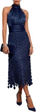 Coal2ToalPW Women Satin Halter Neck Midi Dress Ruched Bust Circle Patchwork Elegant Chic Comfy Flowy Evening Party Gown