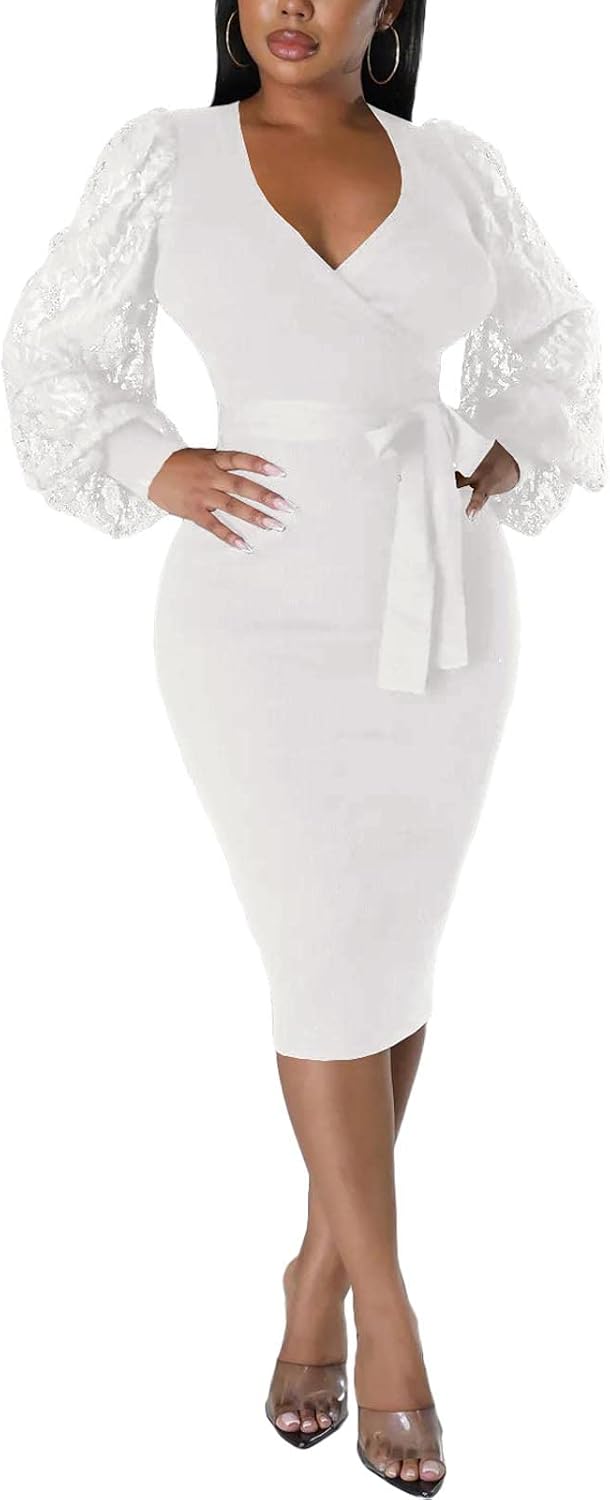 BOGURST Semi Formal Church Dresses for Women Bishop Sleeve Sexy V Neck Bodycon Midi Dresses