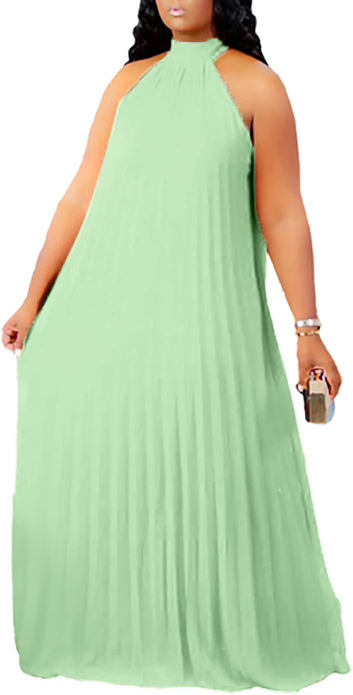 Aro Lora Womens Plus Size Chiffon Loose Long Maxi Dresses | Sleeveless, Halter Neck, Pleated, Summer Casual Formal Dress, Wedding Guest, Beach, Vacation, Prom, Party, Club, Evening