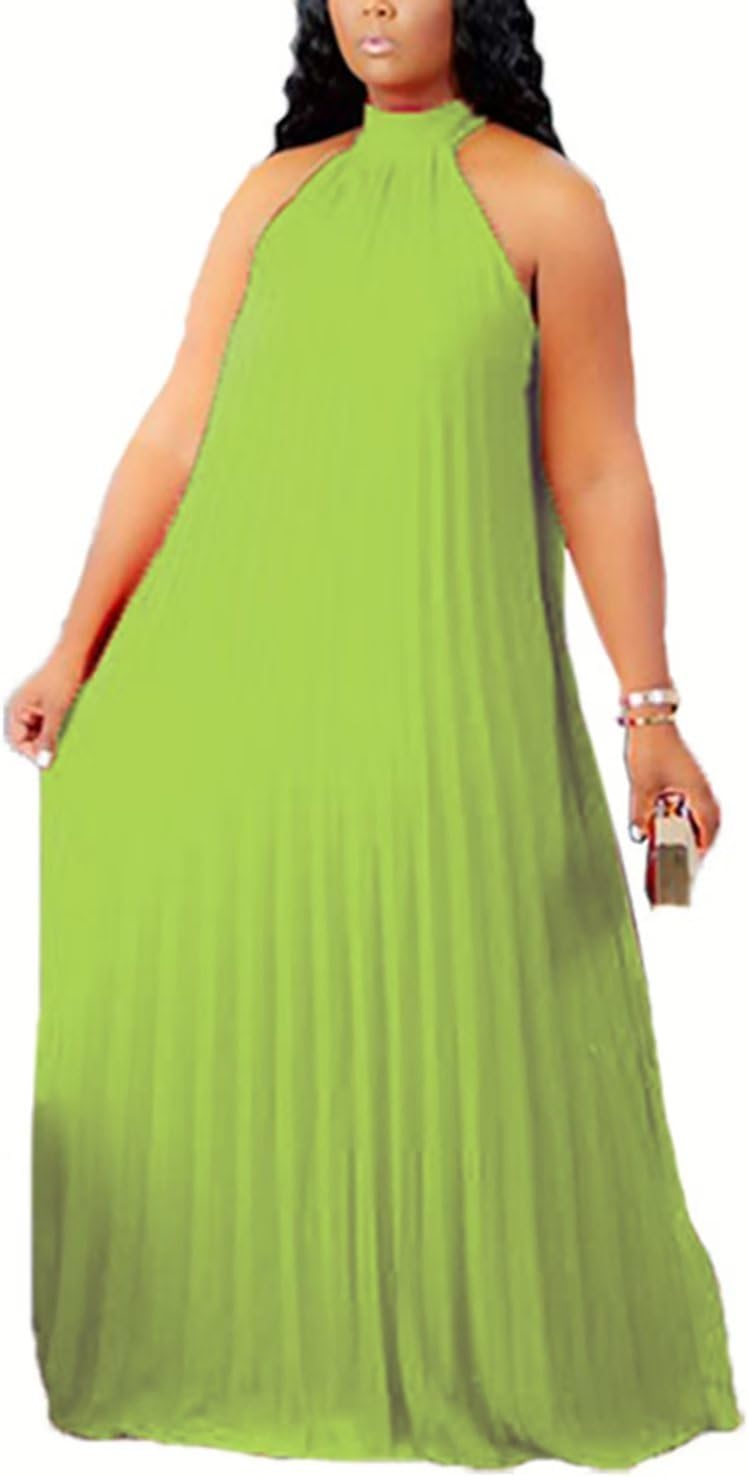 Aro Lora Womens Plus Size Chiffon Loose Long Maxi Dresses | Sleeveless, Halter Neck, Pleated, Summer Casual Formal Dress, Wedding Guest, Beach, Vacation, Prom, Party, Club, Evening