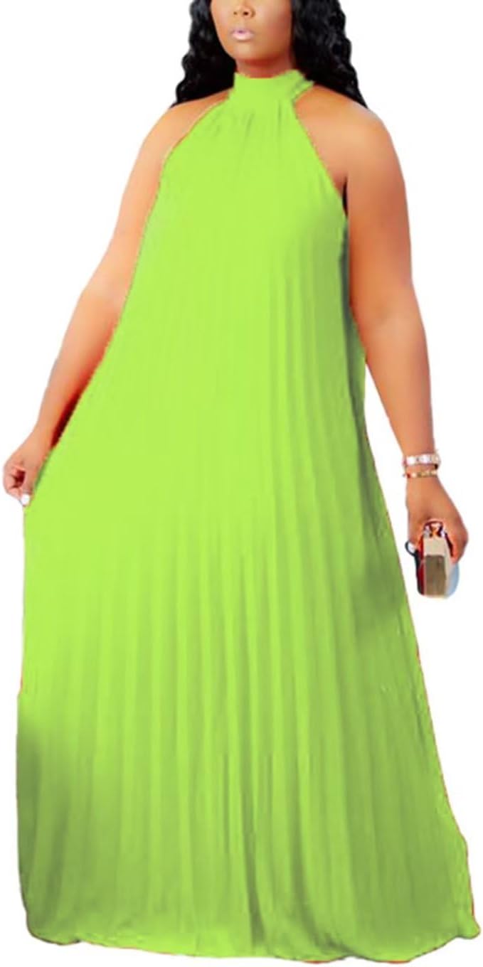 Aro Lora Womens Plus Size Chiffon Loose Long Maxi Dresses | Sleeveless, Halter Neck, Pleated, Summer Casual Formal Dress, Wedding Guest, Beach, Vacation, Prom, Party, Club, Evening