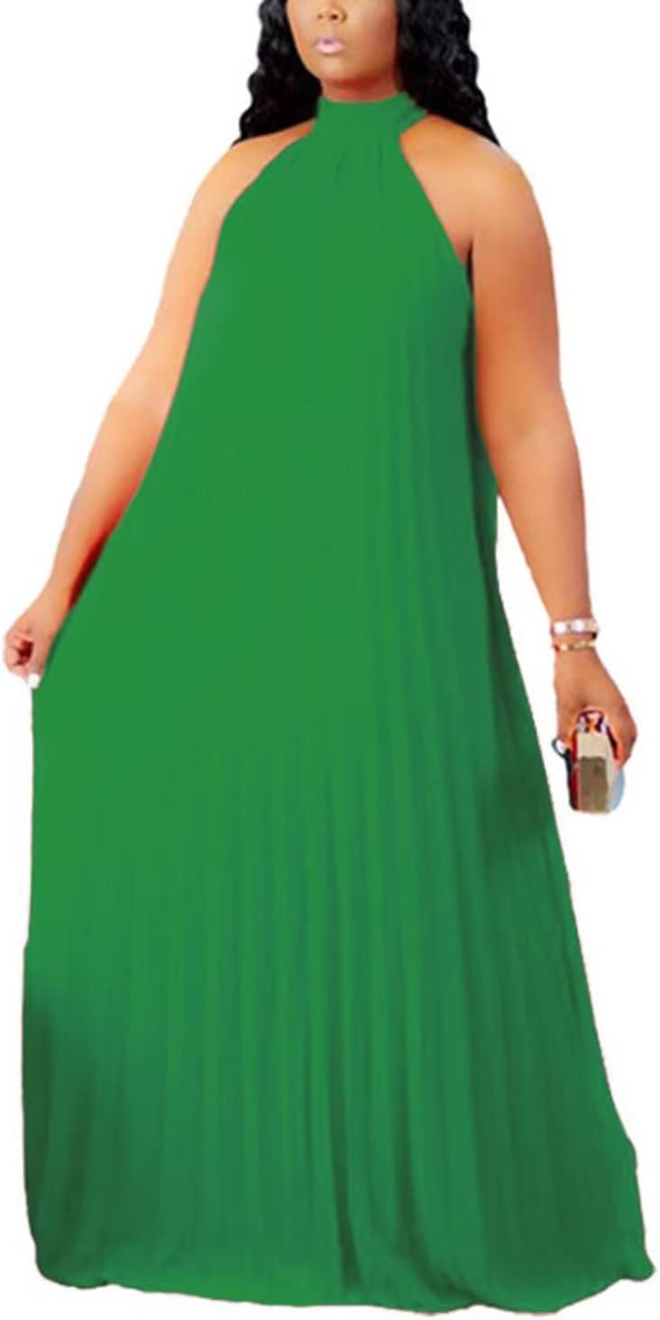 Aro Lora Womens Plus Size Chiffon Loose Long Maxi Dresses | Sleeveless, Halter Neck, Pleated, Summer Casual Formal Dress, Wedding Guest, Beach, Vacation, Prom, Party, Club, Evening