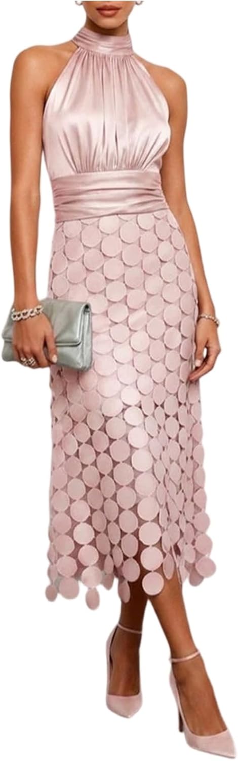 Coal2ToalPW Women Satin Halter Neck Midi Dress Ruched Bust Circle Patchwork Elegant Chic Comfy Flowy Evening Party Gown