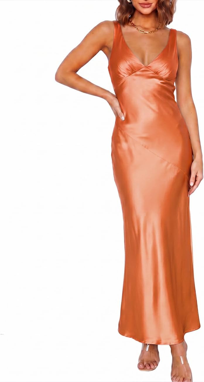 VUBIYA Women's Summer Satin V Neck Backless Maxi Dress Wedding Guest | Open Back Tie-Back, Silk Sleeveless, Formal Bridesmaid, Elegant Cocktail, Vacation Beach, Date Night and Party
