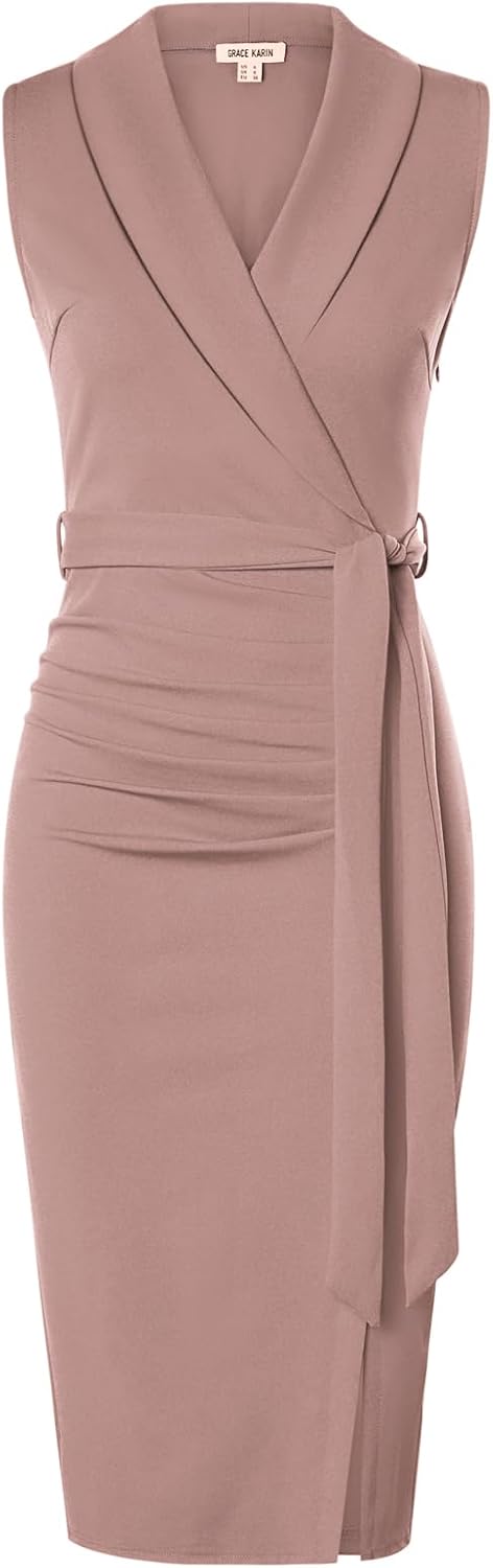 GRACE KARIN Women's Wear to Work Bodycon Sleeveless Dresses | Midi, Slim Fit, Ruched, Belted, High Waist, Stretchy, Slit, V Neck, Wrap, Pencil, Elegant, Office, Formal, Sheath, Cocktail