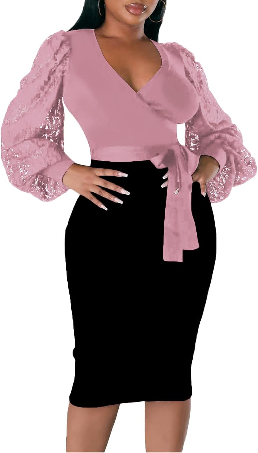 BOGURST Semi Formal Church Dresses for Women Bishop Sleeve Sexy V Neck Bodycon Midi Dresses
