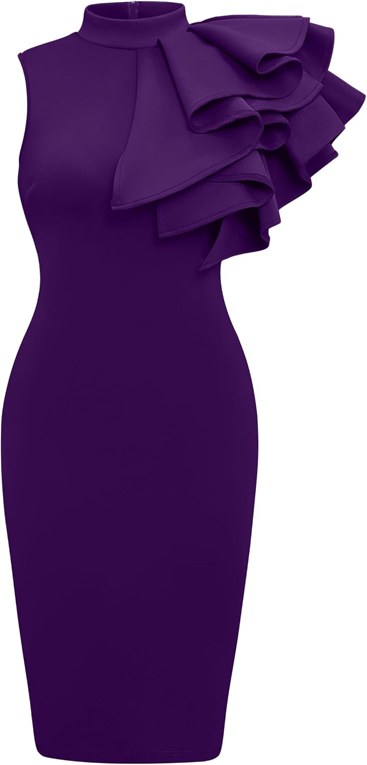 Memoriesea Women's Ruffle Sleeveless Bodycon Party Pencil Midi Dress | Hidden Zipper,High Neck,Knee Length,Stretchy Bodycon Dress,Formal Cocktail Party Dress,Church Graduation Work Office Dinner