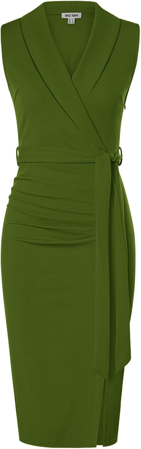 GRACE KARIN Women's Wear to Work Bodycon Sleeveless Dresses | Midi, Slim Fit, Ruched, Belted, High Waist, Stretchy, Slit, V Neck, Wrap, Pencil, Elegant, Office, Formal, Sheath, Cocktail