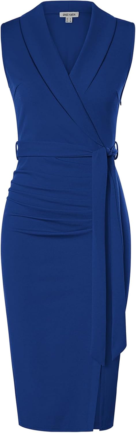 GRACE KARIN Women's Wear to Work Bodycon Sleeveless Dresses | Midi, Slim Fit, Ruched, Belted, High Waist, Stretchy, Slit, V Neck, Wrap, Pencil, Elegant, Office, Formal, Sheath, Cocktail