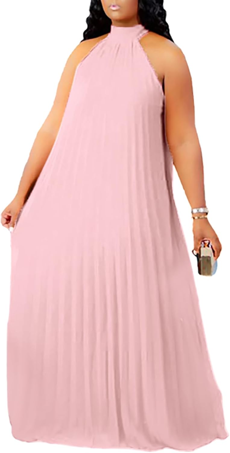 Aro Lora Womens Plus Size Chiffon Loose Long Maxi Dresses | Sleeveless, Halter Neck, Pleated, Summer Casual Formal Dress, Wedding Guest, Beach, Vacation, Prom, Party, Club, Evening