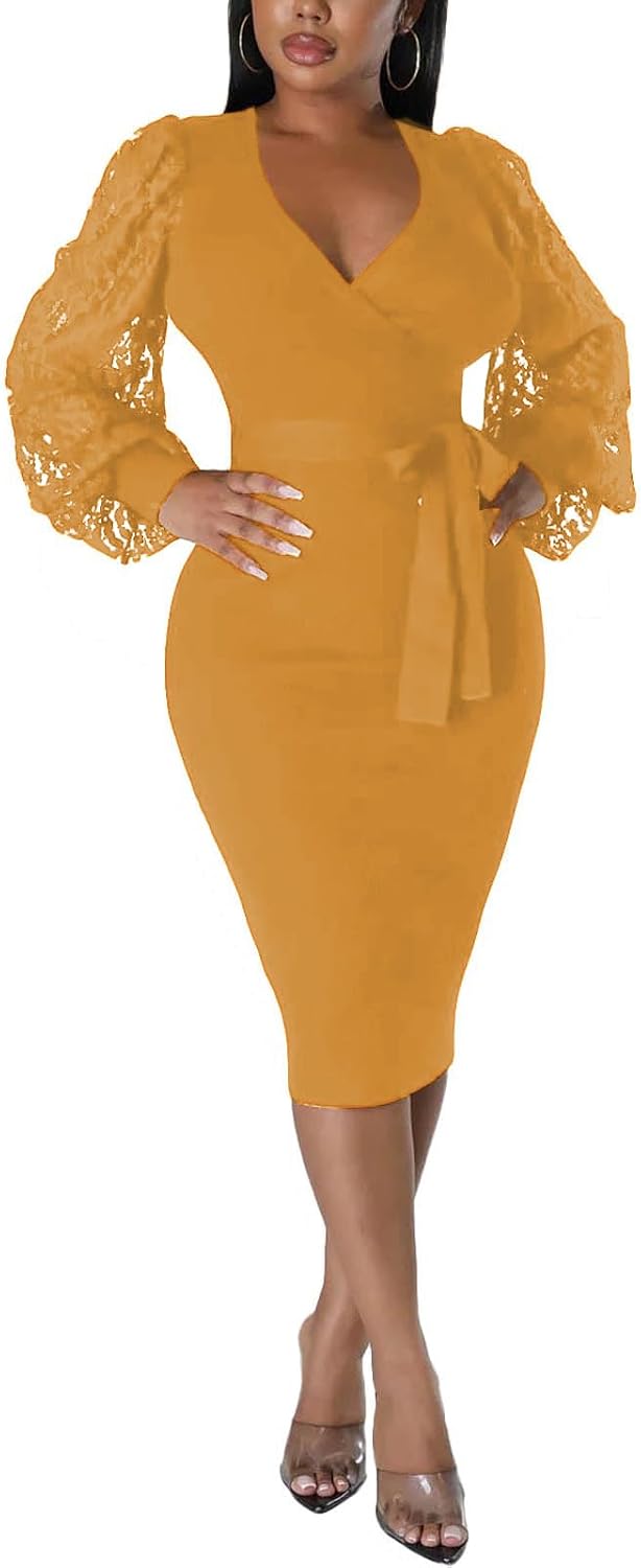 BOGURST Semi Formal Church Dresses for Women Bishop Sleeve Sexy V Neck Bodycon Midi Dresses