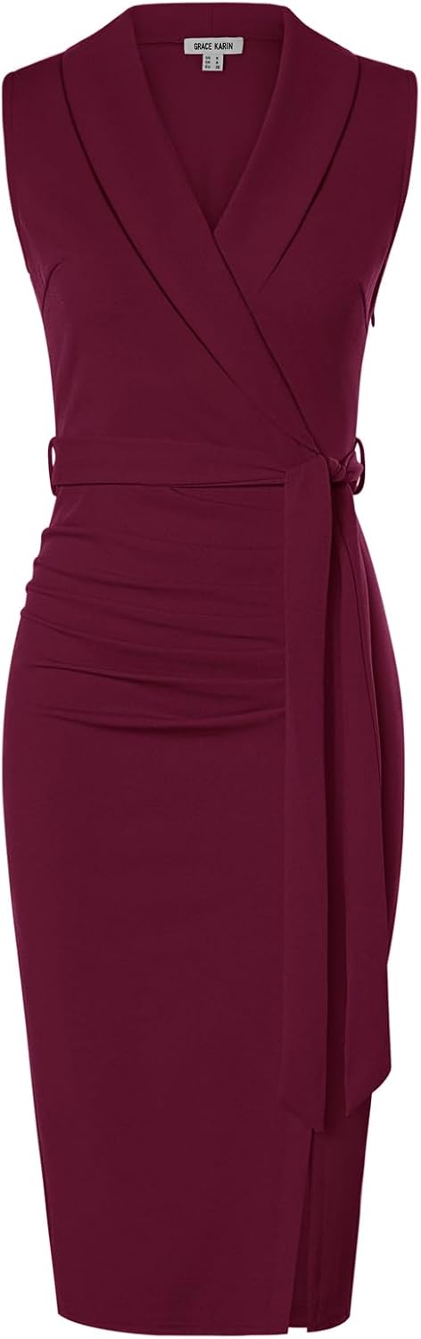 GRACE KARIN Women's Wear to Work Bodycon Sleeveless Dresses | Midi, Slim Fit, Ruched, Belted, High Waist, Stretchy, Slit, V Neck, Wrap, Pencil, Elegant, Office, Formal, Sheath, Cocktail