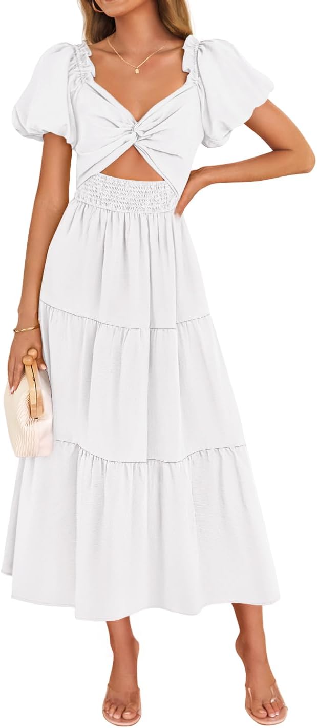ZESICA Womens Summer Casual Cutout Flowy Vacation Maxi Dress | Short Puff Sleeve, A Line, Smocked Dress, Beach Party Dresses, Spring Summer Wedding Guest Long Dress