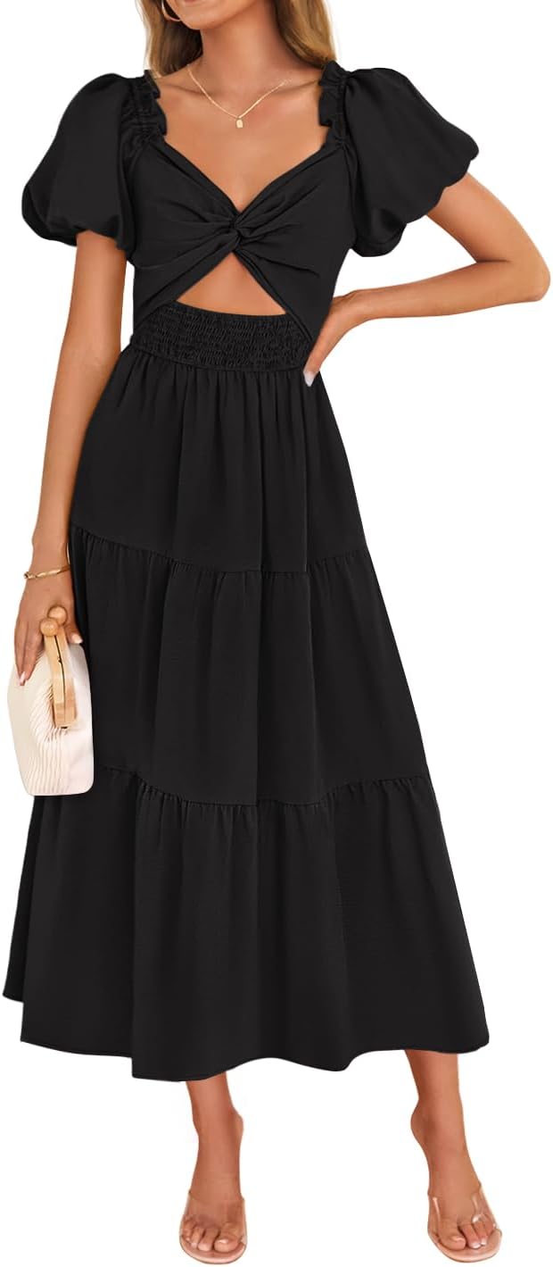 ZESICA Womens Summer Casual Cutout Flowy Vacation Maxi Dress | Short Puff Sleeve, A Line, Smocked Dress, Beach Party Dresses, Spring Summer Wedding Guest Long Dress