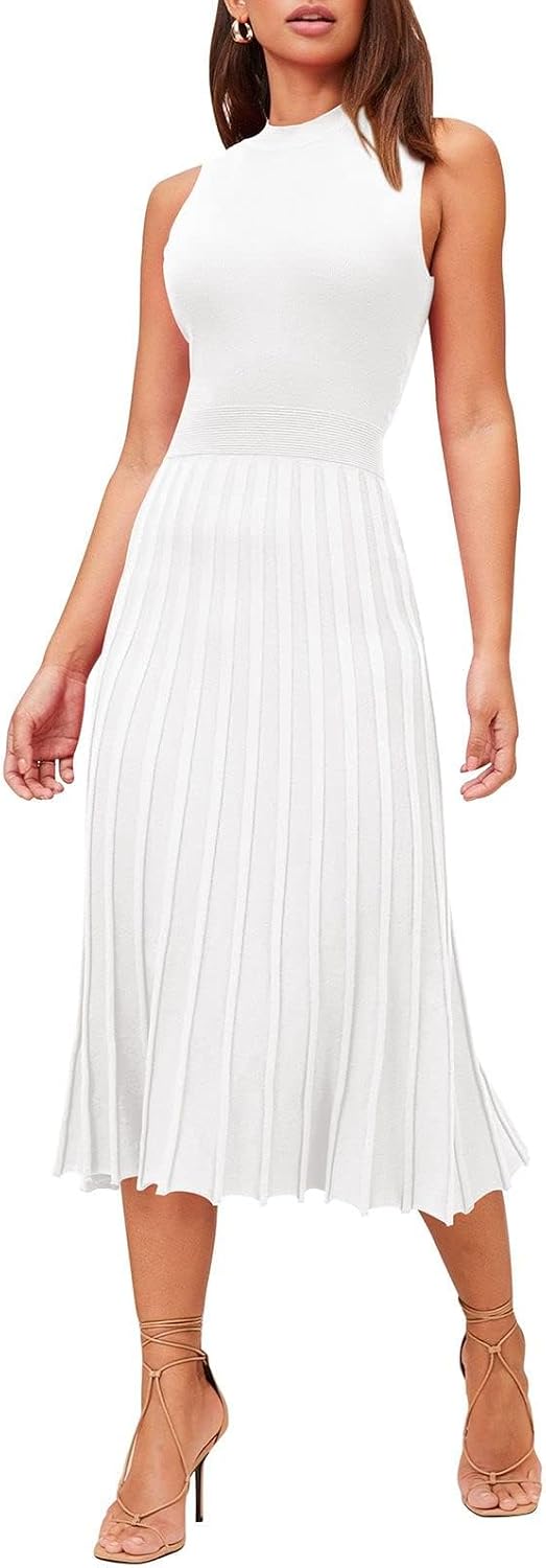 Pink Queen Women's Elegant Sleeveless Pleated A Line Midi Sweater Dresses | Crewneck,High Waisted,Ribbed Knit,Swing Long Dresses,Soft Stretchy,Business Causal,Work,Wedding,Party,Cocktail