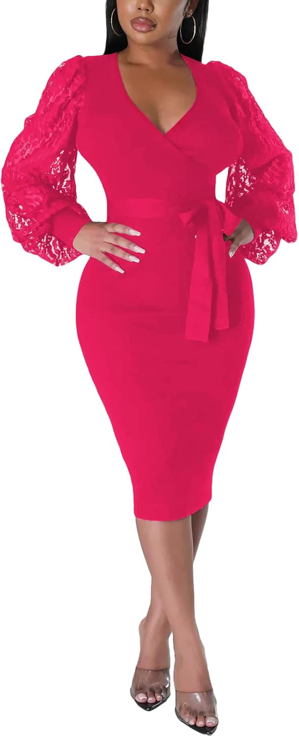 BOGURST Semi Formal Church Dresses for Women Bishop Sleeve Sexy V Neck Bodycon Midi Dresses