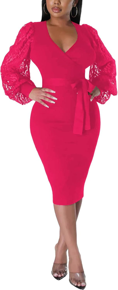 BOGURST Semi Formal Church Dresses for Women Bishop Sleeve Sexy V Neck Bodycon Midi Dresses