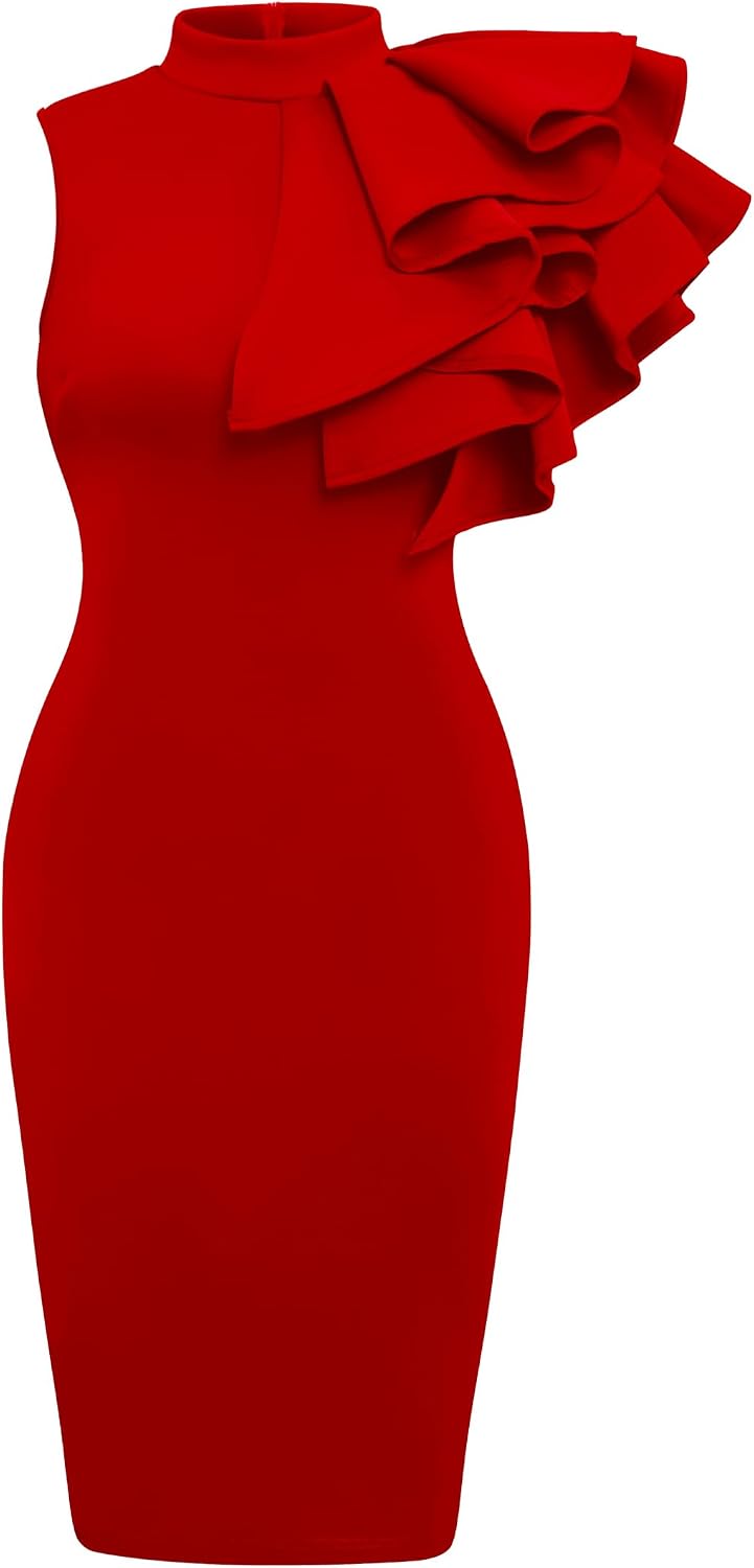 Memoriesea Women's Ruffle Sleeveless Bodycon Party Pencil Midi Dress | Hidden Zipper,High Neck,Knee Length,Stretchy Bodycon Dress,Formal Cocktail Party Dress,Church Graduation Work Office Dinner