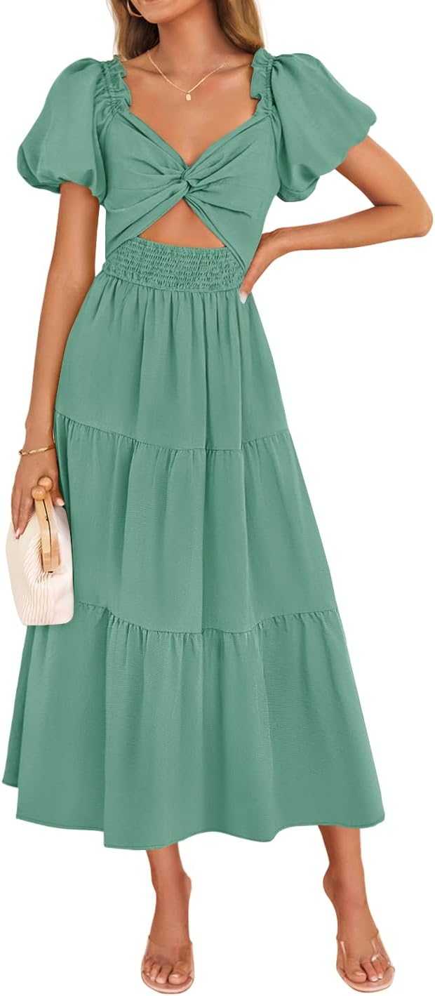 ZESICA Womens Summer Casual Cutout Flowy Vacation Maxi Dress | Short Puff Sleeve, A Line, Smocked Dress, Beach Party Dresses, Spring Summer Wedding Guest Long Dress