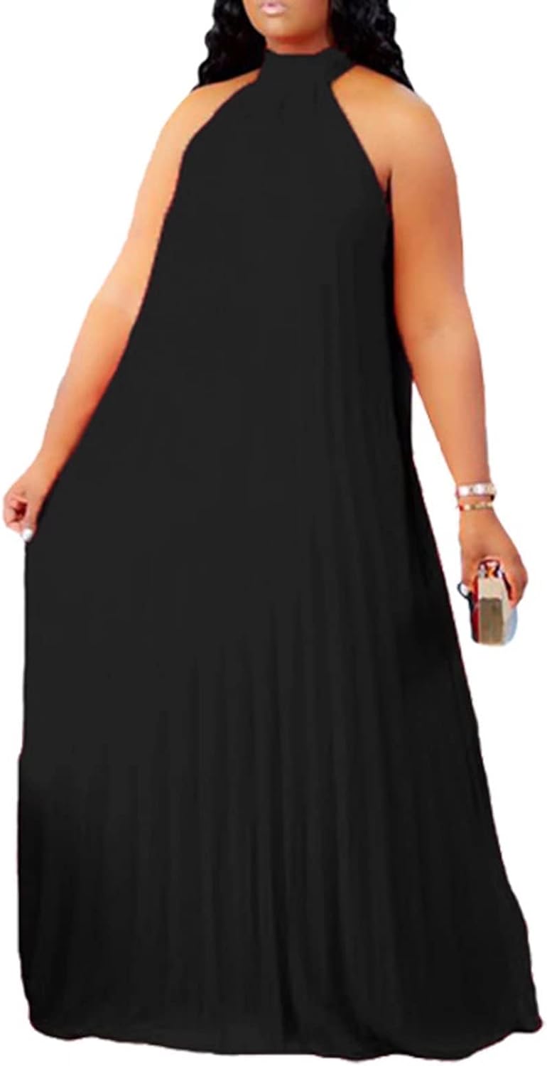 Aro Lora Womens Plus Size Chiffon Loose Long Maxi Dresses | Sleeveless, Halter Neck, Pleated, Summer Casual Formal Dress, Wedding Guest, Beach, Vacation, Prom, Party, Club, Evening