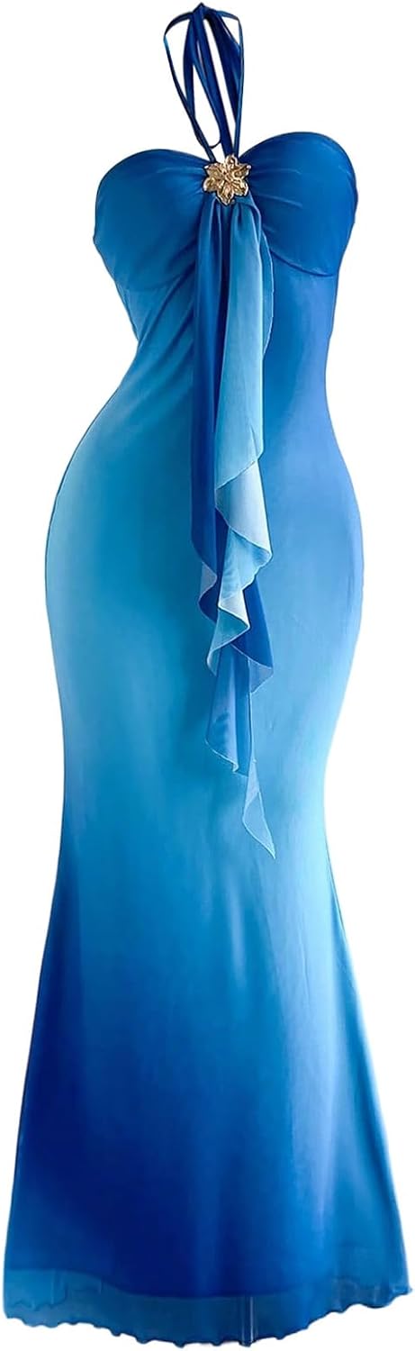 GORGLITTER Women's Ombre Sunset Halter Starfish Boho Beach Maxi Dresses | Tropical Vacation Hawaiian Dresses 2026, Floral Cocktail Going Out Fishtail Long Sundress
