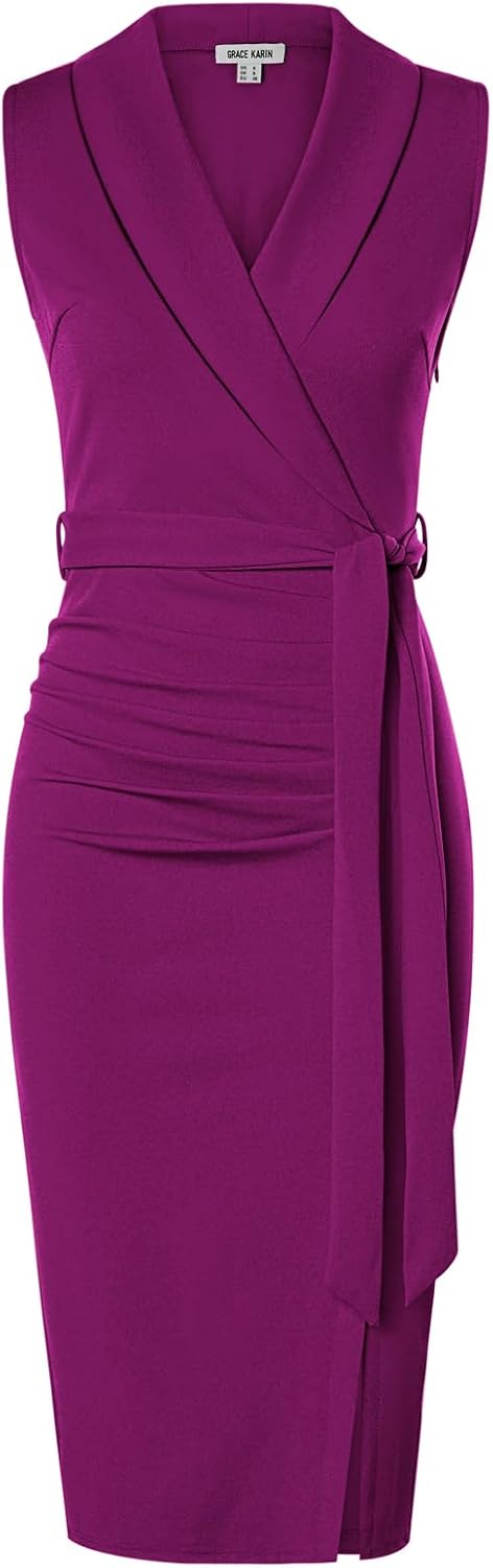 GRACE KARIN Women's Wear to Work Bodycon Sleeveless Dresses | Midi, Slim Fit, Ruched, Belted, High Waist, Stretchy, Slit, V Neck, Wrap, Pencil, Elegant, Office, Formal, Sheath, Cocktail
