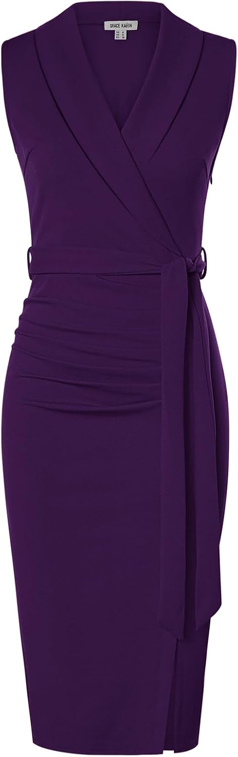 GRACE KARIN Women's Wear to Work Bodycon Sleeveless Dresses | Midi, Slim Fit, Ruched, Belted, High Waist, Stretchy, Slit, V Neck, Wrap, Pencil, Elegant, Office, Formal, Sheath, Cocktail