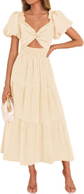 ZESICA Womens Summer Casual Cutout Flowy Vacation Maxi Dress | Short Puff Sleeve, A Line, Smocked Dress, Beach Party Dresses, Spring Summer Wedding Guest Long Dress