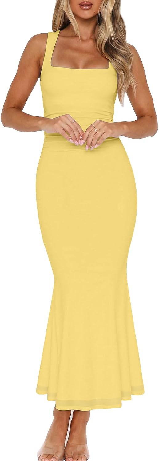 BORIFLORS Women's Square Neck Ruched Bodycon Maxi Dress | Mesh, Wedding Guest Cocktail Party Homecoming, Long Dresses