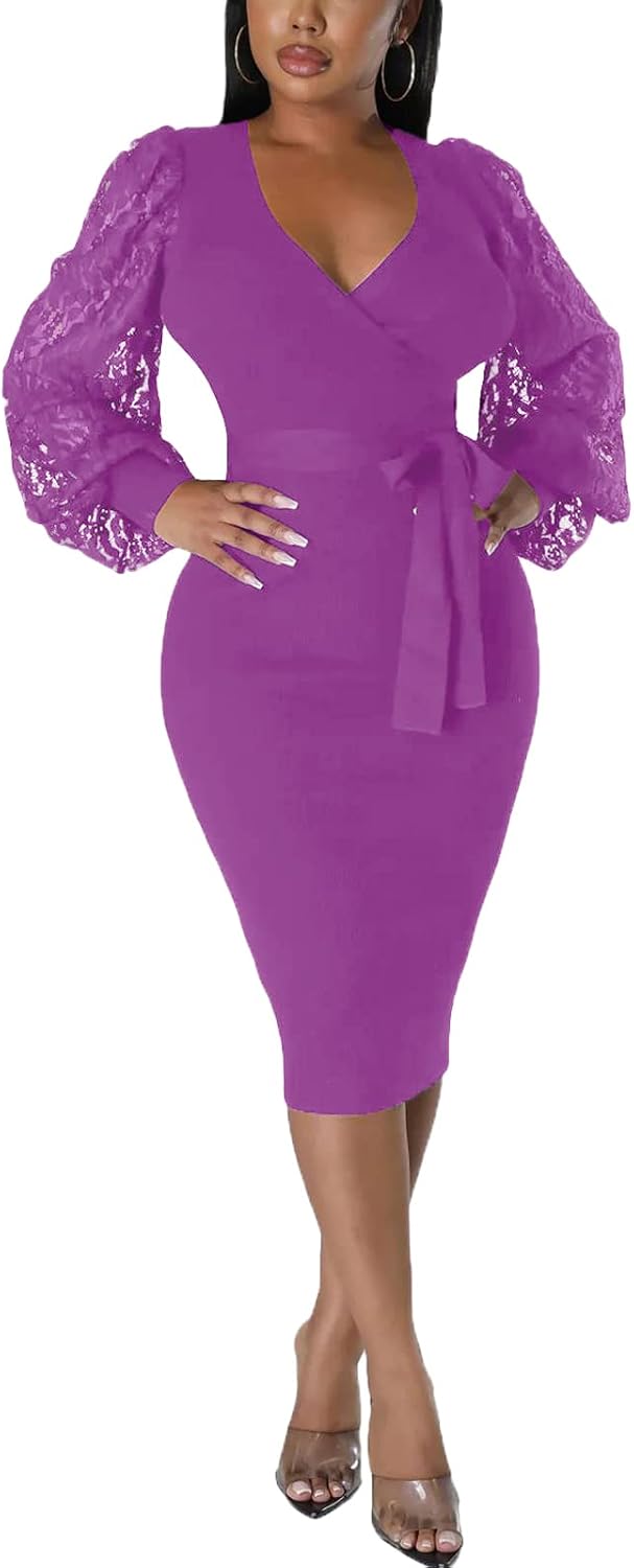 BOGURST Semi Formal Church Dresses for Women Bishop Sleeve Sexy V Neck Bodycon Midi Dresses