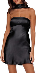VUBIYA Summer Satin Halter Backless Mini Dress for Women Y2K Club Party | Silk Strapless,Open Back Cocktail,Built-in Bra Pads,Going Out Vacation,Bridesmaid,Date Night Beach,Homecoming,Wedding Guest