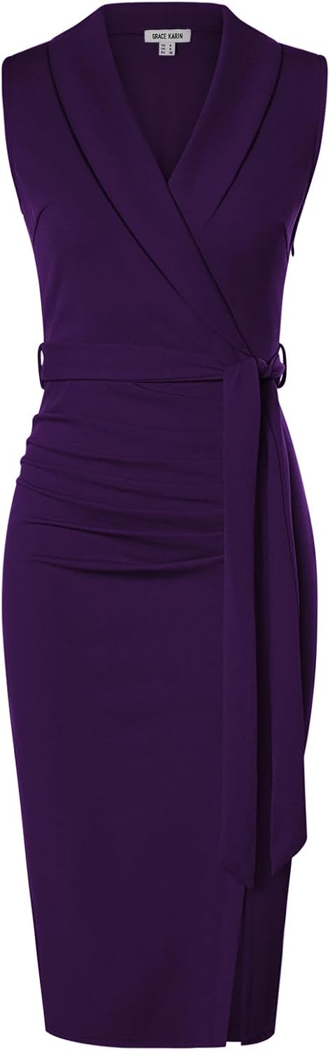 GRACE KARIN Women's Wear to Work Bodycon Sleeveless Dresses | Midi, Slim Fit, Ruched, Belted, High Waist, Stretchy, Slit, V Neck, Wrap, Pencil, Elegant, Office, Formal, Sheath, Cocktail