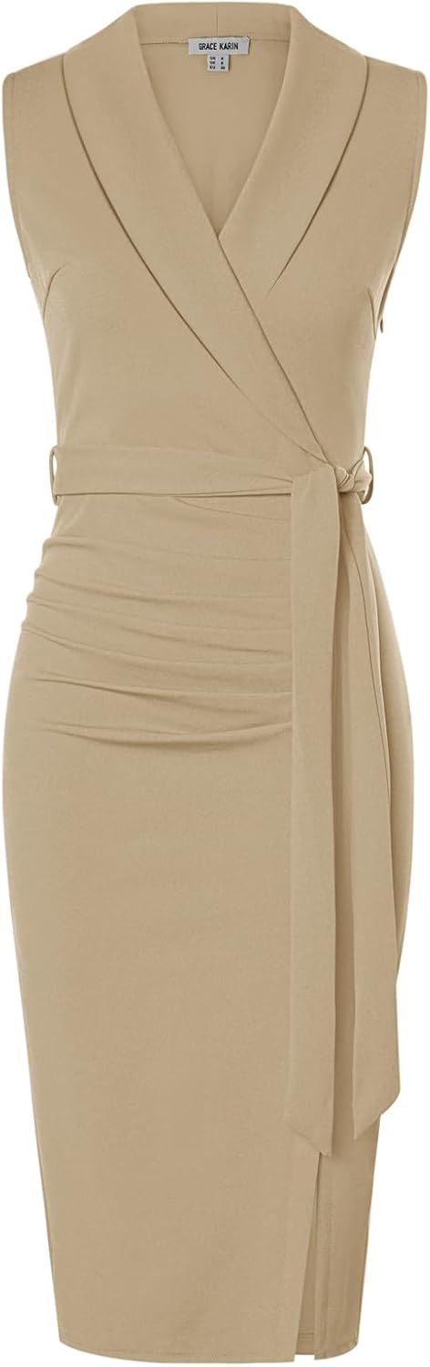 GRACE KARIN Women's Wear to Work Bodycon Sleeveless Dresses | Midi, Slim Fit, Ruched, Belted, High Waist, Stretchy, Slit, V Neck, Wrap, Pencil, Elegant, Office, Formal, Sheath, Cocktail