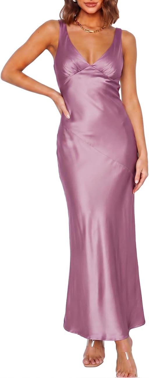 VUBIYA Women's Summer Satin V Neck Backless Maxi Dress Wedding Guest | Open Back Tie-Back, Silk Sleeveless, Formal Bridesmaid, Elegant Cocktail, Vacation Beach, Date Night and Party