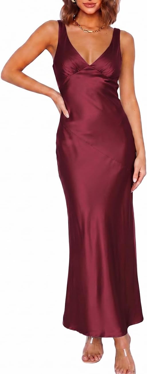 VUBIYA Women's Summer Satin V Neck Backless Maxi Dress Wedding Guest | Open Back Tie-Back, Silk Sleeveless, Formal Bridesmaid, Elegant Cocktail, Vacation Beach, Date Night and Party