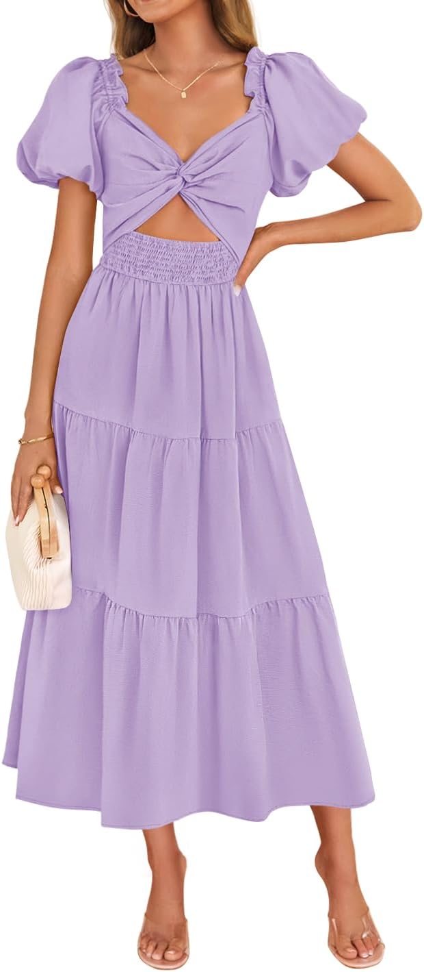 ZESICA Womens Summer Casual Cutout Flowy Vacation Maxi Dress | Short Puff Sleeve, A Line, Smocked Dress, Beach Party Dresses, Spring Summer Wedding Guest Long Dress