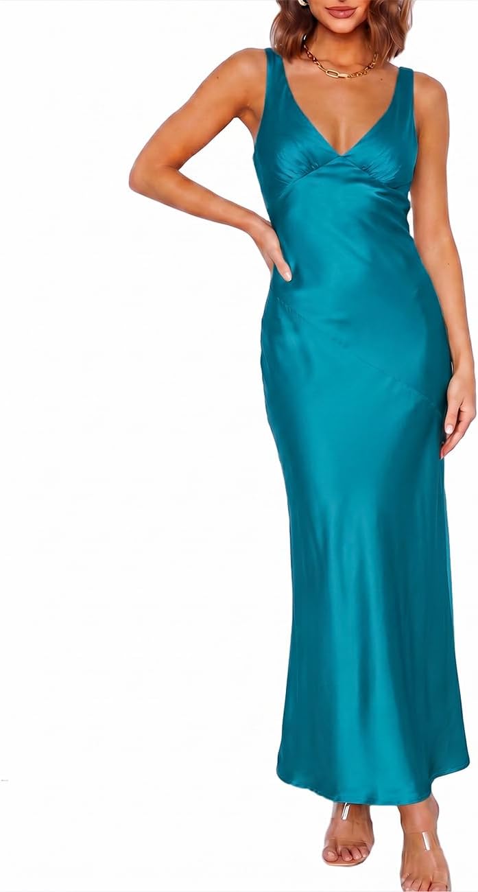 VUBIYA Women's Summer Satin V Neck Backless Maxi Dress Wedding Guest | Open Back Tie-Back, Silk Sleeveless, Formal Bridesmaid, Elegant Cocktail, Vacation Beach, Date Night and Party