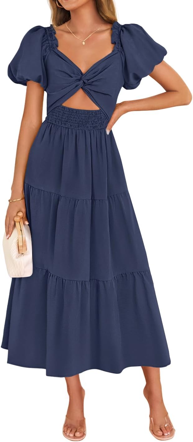 ZESICA Womens Summer Casual Cutout Flowy Vacation Maxi Dress | Short Puff Sleeve, A Line, Smocked Dress, Beach Party Dresses, Spring Summer Wedding Guest Long Dress