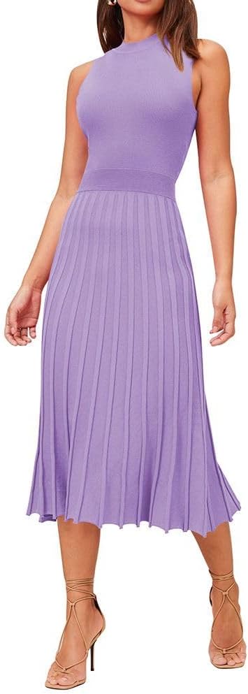 Pink Queen Women's Elegant Sleeveless Pleated A Line Midi Sweater Dresses | Crewneck,High Waisted,Ribbed Knit,Swing Long Dresses,Soft Stretchy,Business Causal,Work,Wedding,Party,Cocktail