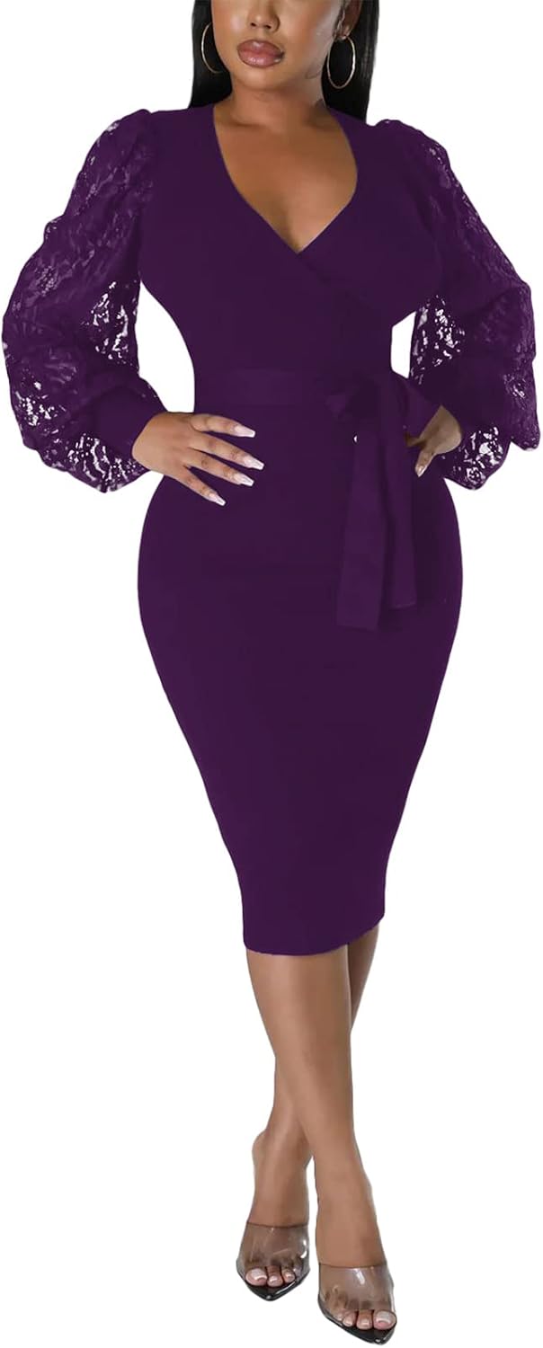 BOGURST Semi Formal Church Dresses for Women Bishop Sleeve Sexy V Neck Bodycon Midi Dresses