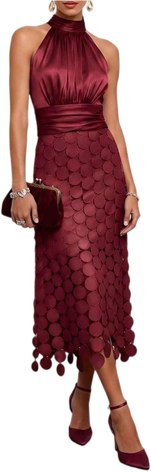 Coal2ToalPW Women Satin Halter Neck Midi Dress Ruched Bust Circle Patchwork Elegant Chic Comfy Flowy Evening Party Gown